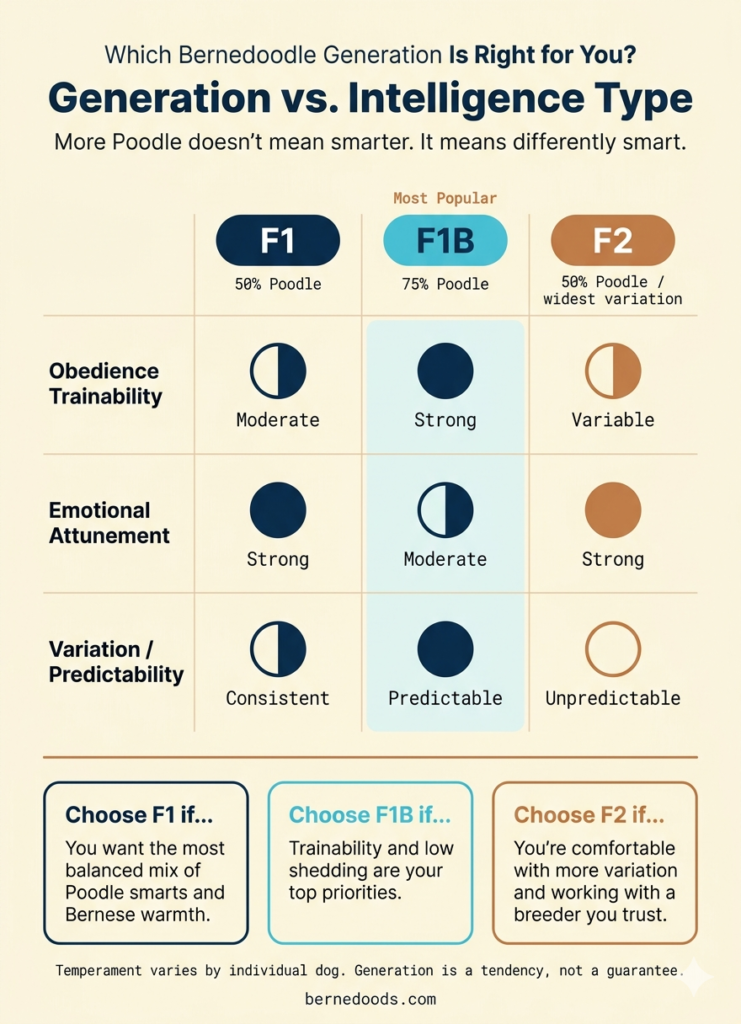 Infographic titled Generation vs. Intelligence Type comparing F1, F1B, and F2 bernedoodles across three traits: obedience trainability, emotional attunement, and variation and predictability. F1B is highlighted as the most popular generation with strong trainability and high predictability. A bottom section shows three recommendation cards: choose F1 for balanced traits, F1B for trainability and low shedding, and F2 if comfortable with variation.