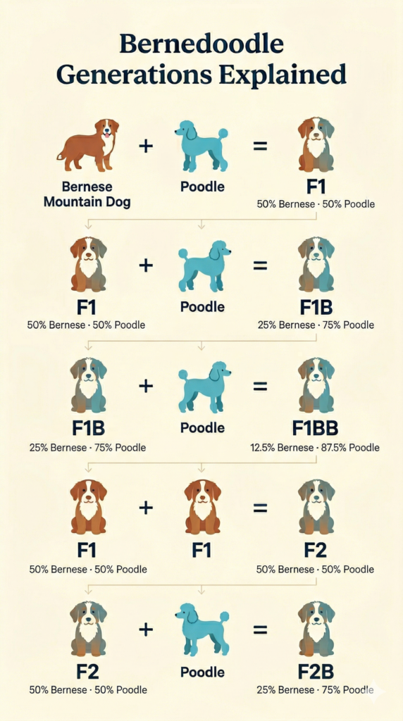 an infographic that explains all the different generations of bernedoodle like F1, F2, F1B and F2B
