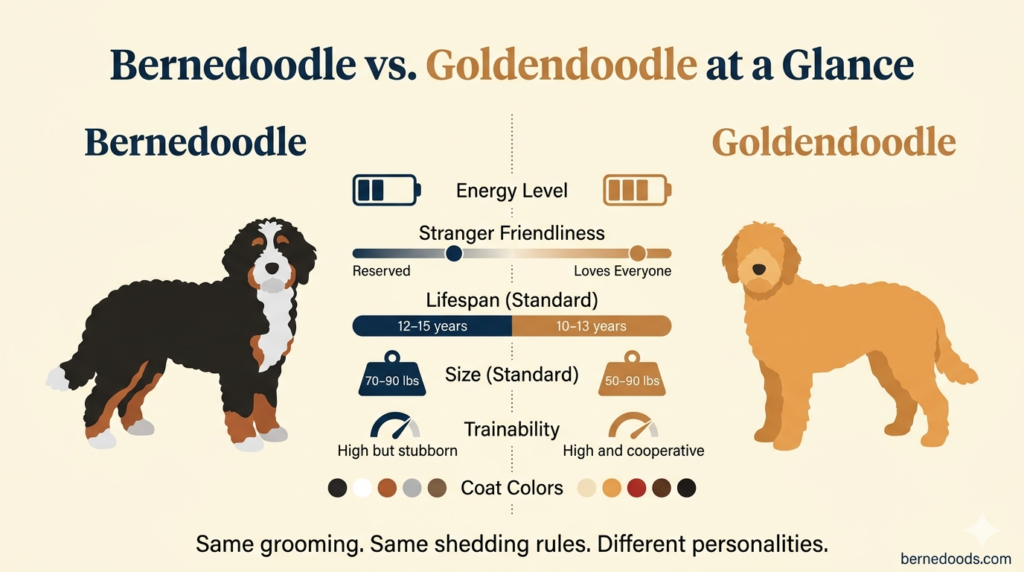 Bernedoodle vs Goldendoodle comparison chart showing differences in energy level, friendliness, lifespan, size, trainability, and coat colors.