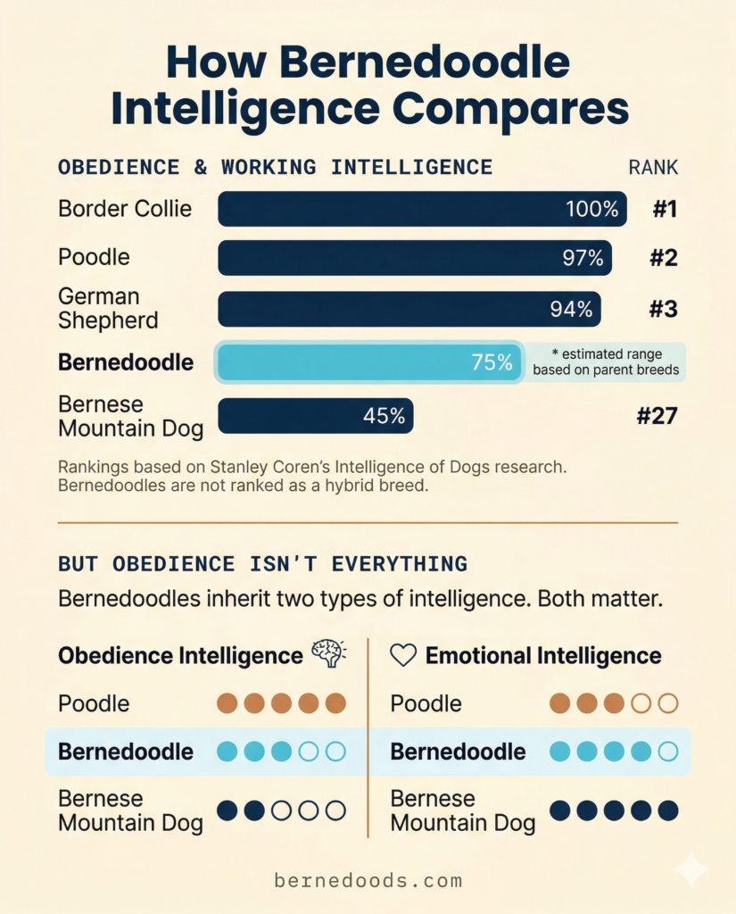 Infographic comparing bernedoodle intelligence to other breeds. A horizontal bar chart shows Border Collie ranked #1 at 100%, Poodle #2 at 97%, German Shepherd #3 at 94%, Bernedoodle estimated at 75%, and Bernese Mountain Dog #27 at 45%. A second section shows dot ratings for obedience intelligence and emotional intelligence across Poodle, Bernedoodle, and Bernese Mountain Dog, with the Bernedoodle row highlighted in cyan.
