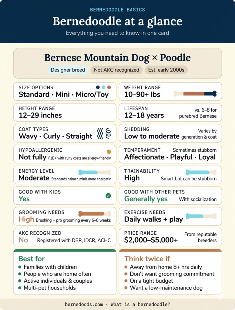 Bernedoodle at a glance infographic showing size, weight, lifespan, coat types, shedding, temperament, grooming needs, and suitability for families.