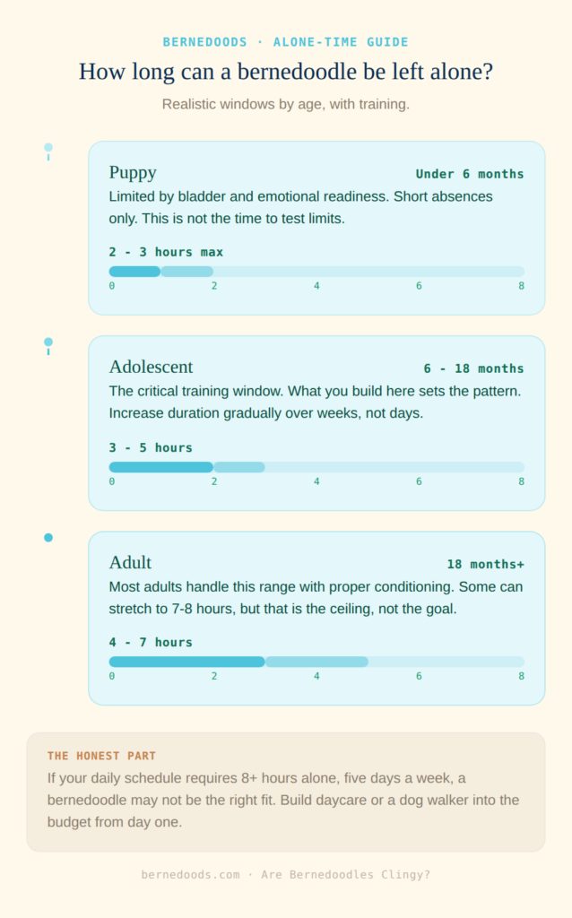 an infographic that explains how long a bernedoodle can be left alone based on age