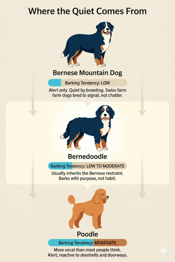 infographic explaining breed temperaments in Berendoodles, bernese mountain dogs, and poodles that may contribute to barking