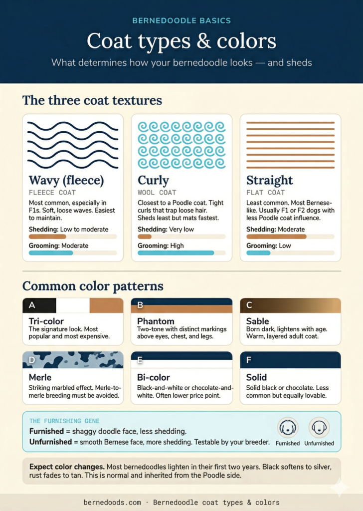Bernedoodle coat types and colors chart showing wavy fleece, curly wool, and straight coats plus common patterns like tri color, phantom, sable, merle, bi color, and solid.