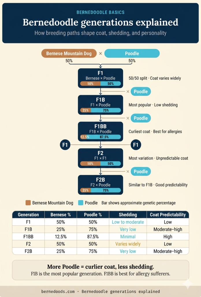 Bernedoodle generations chart explaining F1, F1B, F1BB, F2, and F2B with Bernese Mountain Dog and Poodle percentages, shedding levels, and coat predictability.