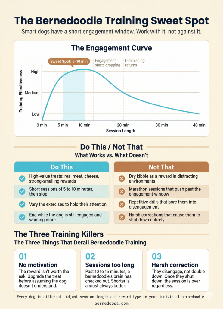 Infographic titled The Bernedoodle Training Sweet Spot. The top section shows a line chart called The Engagement Curve, with training effectiveness on the vertical axis and session length from 0 to 40 minutes on the horizontal axis. The curve peaks between 5 and 10 minutes, labeled as the sweet spot, then declines steadily with dashed markers at 10 minutes for engagement starting to drop and 20 minutes for diminishing returns. The middle section shows a two-column Do This / Not That comparison covering treat quality, session length, exercise variety, and correction style. The bottom section shows three cards identifying the three training killers: no motivation, sessions too long, and harsh correction.
