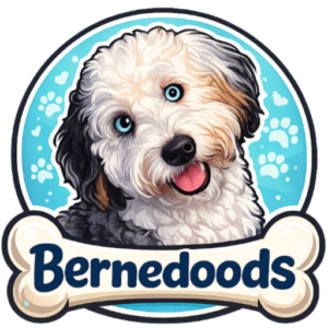 picture of the Bernedoods logo which is a smiling bernedoodle and a bone with the name Bernedoods