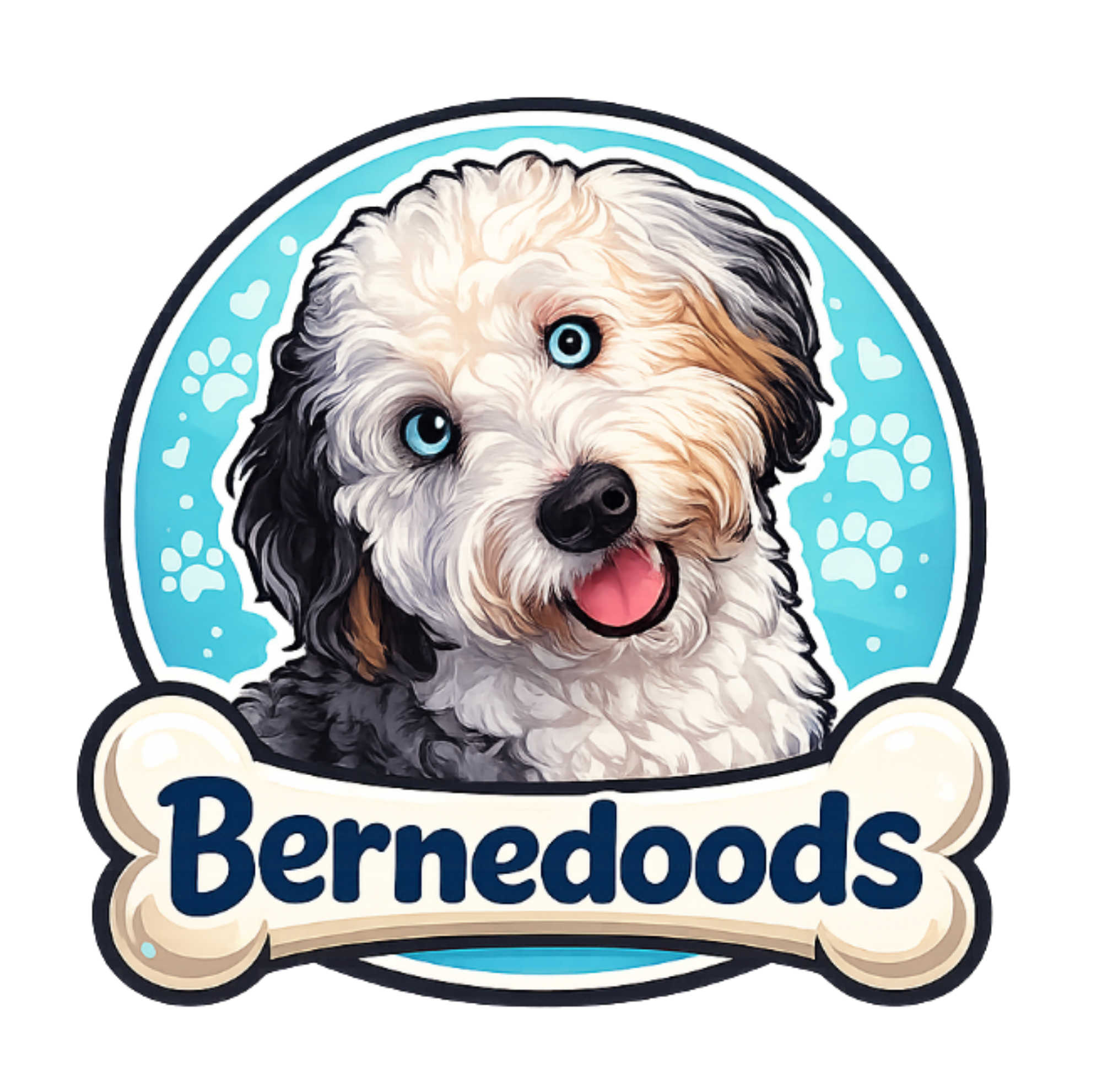 picture of the Bernedoods logo which is a smiling bernedoodle and a bone with the name Bernedoods