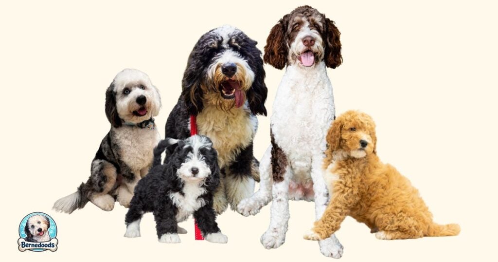 multiple generations and types of bernedoodles