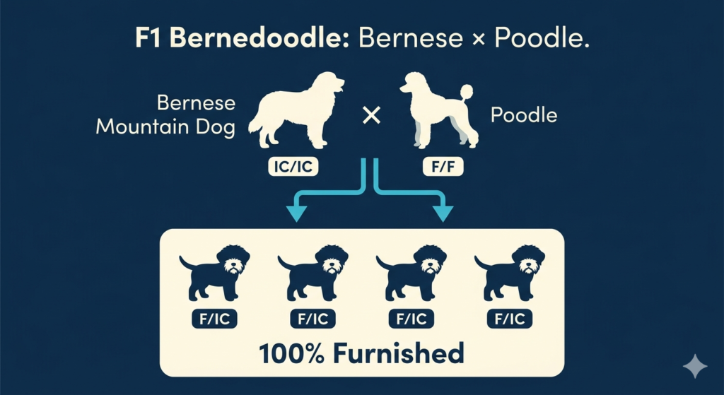 an infographic explaining how the genes from a bernese mountain dog and a poodle create a furnished bernedoodle puppy