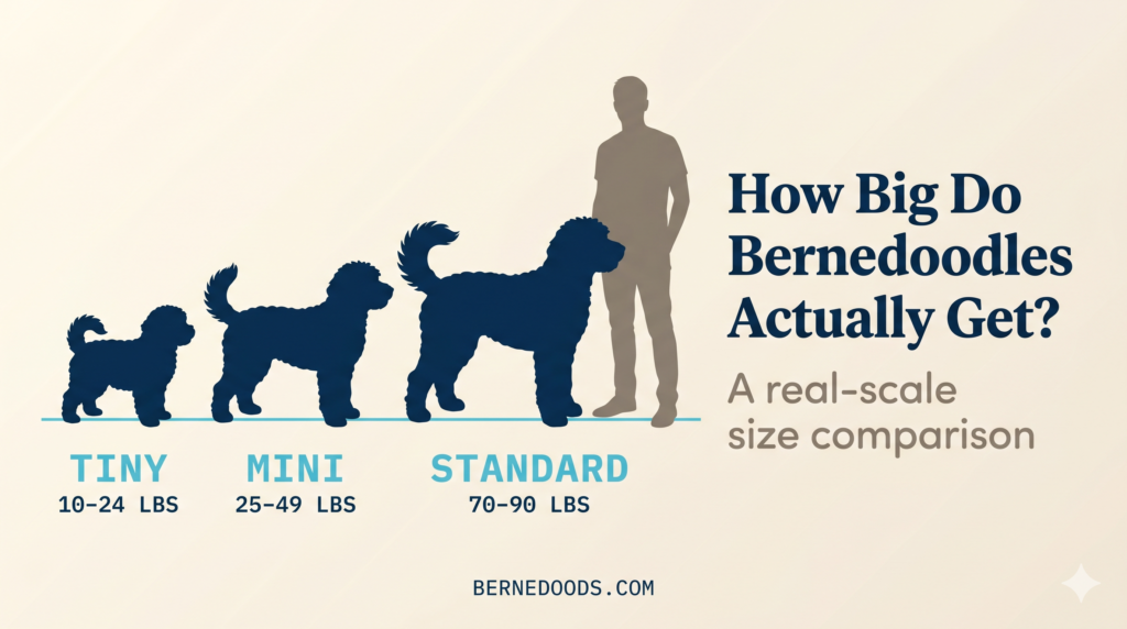infographic of bernedoodle sizes compared to a human