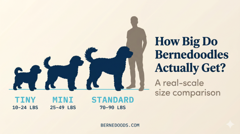 infographic of bernedoodle sizes compared to a human