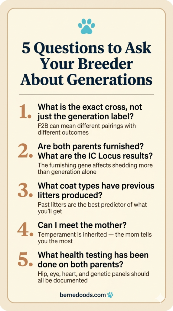 infographic explaining key questions to ask bernedoodle breeders regarding the generation type of their litters