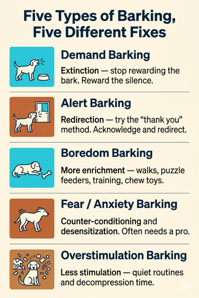 infographic explaining the different types of bernedoodle barks and the appropriate fixes for each