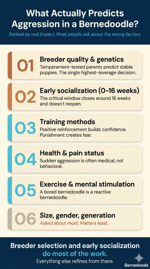an infographic that explains what factors actually predict aggression in bernedoodles