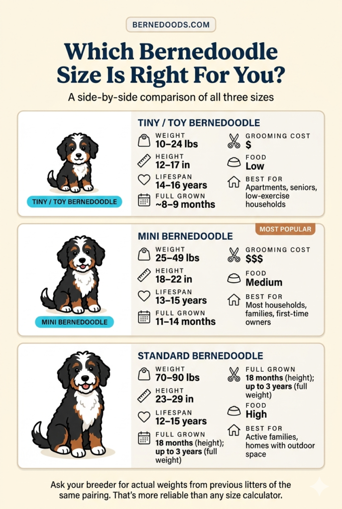 an infographic explaining the variation in bernedoodle size