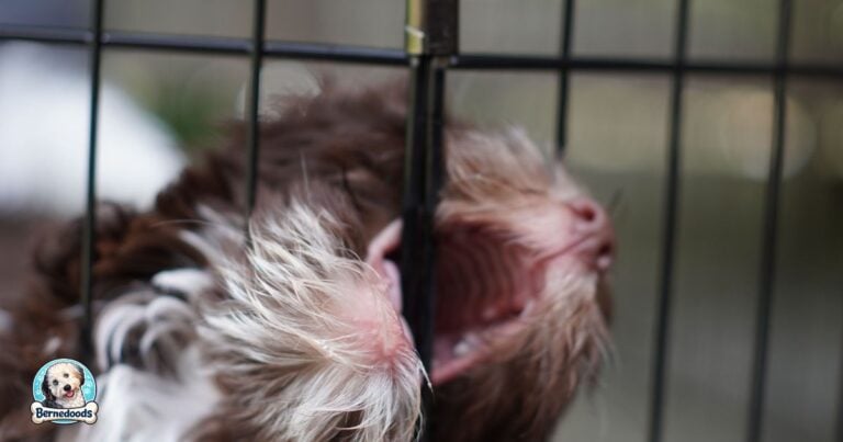 close up of a bernedoodle chewing his crate