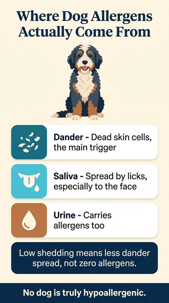 Infographic titled "Where Dog Allergens Actually Come From" showing a bernedoodle above three sources of dog allergens: dander (dead skin cells, the main trigger), saliva (spread by licks, especially to the face), and urine. A note reads that low shedding means less dander spread, not zero allergens, with the caveat that no dog is truly hypoallergenic.