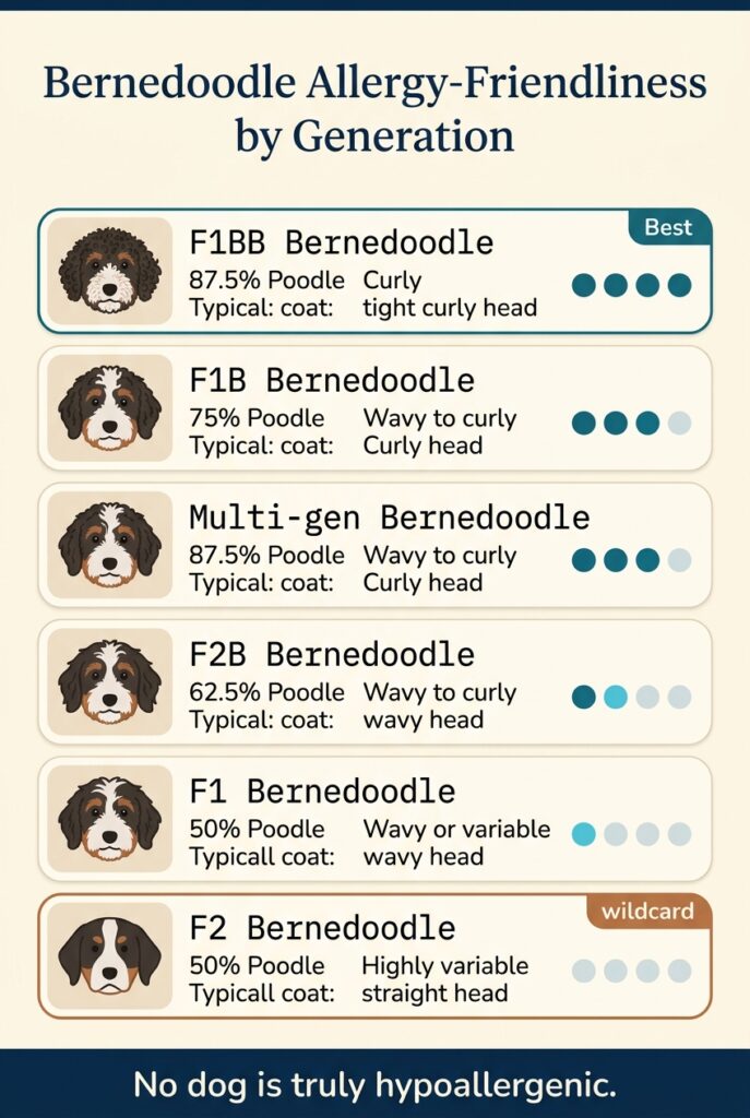 an infographic that explains how each generation of bernedoodle compares with regard to allergy-friendliness